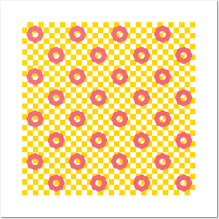 Checkers and Daisies (yellow-coral) Posters and Art